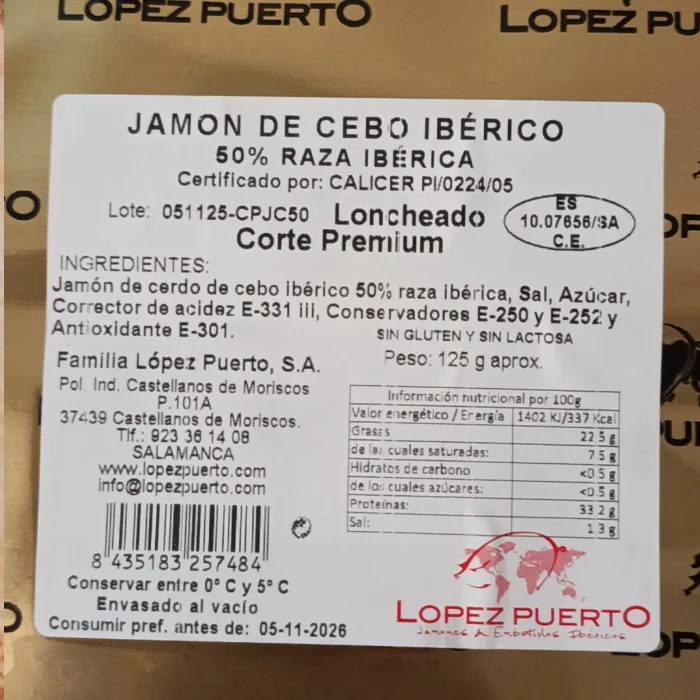 Jamón cebo 50% raza ibérica cortado y envasado al vacío 125gr